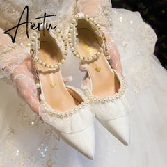 Aiertu Luxury Silk White Wedding Shoes for Women Summer Pearl Ankle Straps High Heels Pumps Woman Pointed Toe Heeled Dress Shoes Aiertu