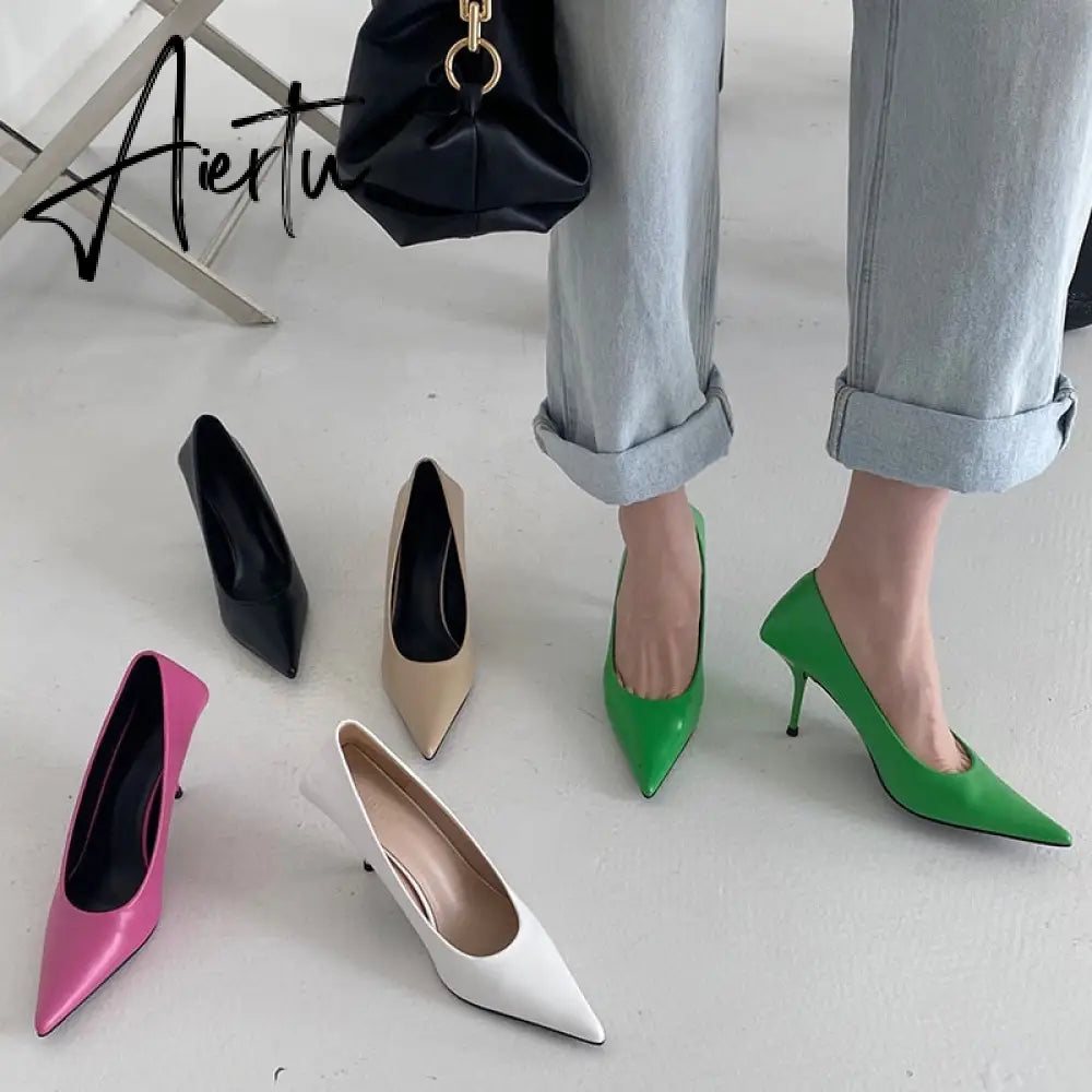 Aiertu Luxury Women 8cm High Heels Pumps Scarpins Office Ladies Designer White Green Black Heels Prom Stiletto Dress Party Shoes Aiertu