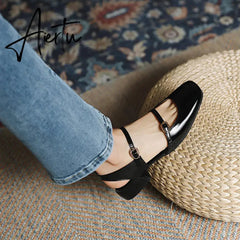 Aiertu Mary Jane Flats Vintage Square Toe Buckle Band Women Casual Loafers Flat Shoes Woman Ballerina Slip On Shallow Solid Moccasins Aiertu