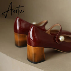 Aiertu Mary Jane High Heels Women Sheepskin Patent Leather Pumps Pigskin Lining and Sheepskin Insole Lolita Girl Shoes Big Size 42 Aiertu
