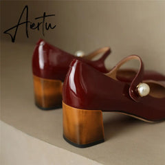 Aiertu Mary Jane High Heels Women Sheepskin Patent Leather Pumps Pigskin Lining and Sheepskin Insole Lolita Girl Shoes Big Size 42 Aiertu
