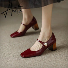 Aiertu Mary Jane High Heels Women Sheepskin Patent Leather Pumps Pigskin Lining and Sheepskin Insole Lolita Girl Shoes Big Size 42 Aiertu