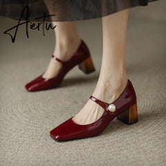 Aiertu Mary Jane High Heels Women Sheepskin Patent Leather Pumps Pigskin Lining and Sheepskin Insole Lolita Girl Shoes Big Size 42 Aiertu