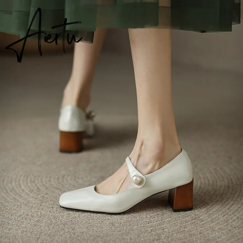 Aiertu Mary Jane High Heels Women Sheepskin Patent Leather Pumps Pigskin Lining and Sheepskin Insole Lolita Girl Shoes Big Size 42 Aiertu