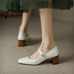 Aiertu Mary Jane High Heels Women Sheepskin Patent Leather Pumps Pigskin Lining and Sheepskin Insole Lolita Girl Shoes Big Size 42 Aiertu