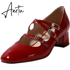Aiertu Mary Janes Red Women Shoes Fashion Genuine Leather Thick High Heels Pumps Summer Autumn Wedding Party Shoes Woman Aiertu