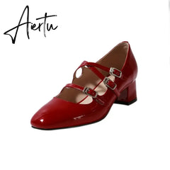Aiertu Mary Janes Red Women Shoes Fashion Genuine Leather Thick High Heels Pumps Summer Autumn Wedding Party Shoes Woman Aiertu