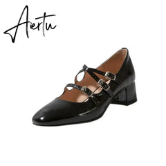 Aiertu Mary Janes Red Women Shoes Fashion Genuine Leather Thick High Heels Pumps Summer Autumn Wedding Party Shoes Woman Aiertu