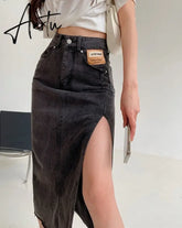 Aiertu Maxi Jeans Skirt Women Denim Long Skirts Summer Vintage Maxi Skirt Side Split Denim Skirt Women Long Korean Aiertu