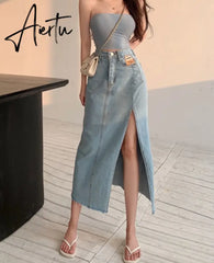 Aiertu Maxi Jeans Skirt Women Denim Long Skirts Summer Vintage Maxi Skirt Side Split Denim Skirt Women Long Korean Aiertu