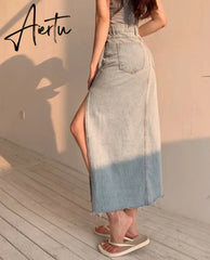 Aiertu Maxi Jeans Skirt Women Denim Long Skirts Summer Vintage Maxi Skirt Side Split Denim Skirt Women Long Korean Aiertu