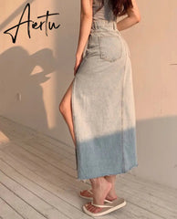 Aiertu Maxi Jeans Skirt Women Denim Long Skirts Summer Vintage Maxi Skirt Side Split Denim Skirt Women Long Korean Aiertu