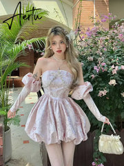 Aiertu Medieval Retro Arm Sleeves Velvet Mini Dress Women Princess Pink Rhinestone Puffy Dress Cocktail Party One-piece Dress Aiertu