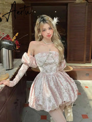 Aiertu Medieval Retro Arm Sleeves Velvet Mini Dress Women Princess Pink Rhinestone Puffy Dress Cocktail Party One-piece Dress Aiertu