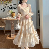 Aiertu Medieval Romantic French Court Style Dress Womens Spring Flare Sleeve High Waist Elegant Female Dress Vintage Long Dresses Aiertu