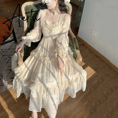 Aiertu Medieval Romantic French Court Style Dress Womens Spring Flare Sleeve High Waist Elegant Female Dress Vintage Long Dresses Aiertu
