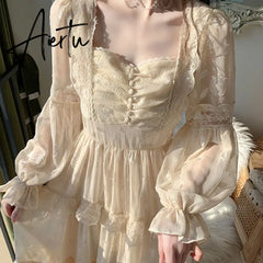 Aiertu Medieval Romantic French Court Style Dress Womens Spring Flare Sleeve High Waist Elegant Female Dress Vintage Long Dresses Aiertu