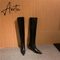 Aiertu Meotina Pleated Real Leather High Heel Long Boots Women Shoes Pointed Toe Stiletto Heels Knee-High Boots Autumn Winter Beige 43 Aiertu
