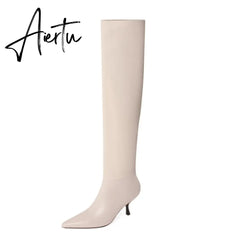 Aiertu Meotina Pleated Real Leather High Heel Long Boots Women Shoes Pointed Toe Stiletto Heels Knee-High Boots Autumn Winter Beige 43 Aiertu