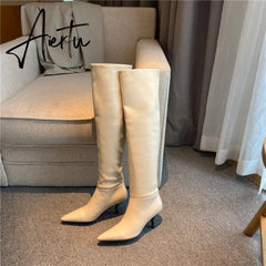 Aiertu Meotina Pleated Real Leather High Heel Long Boots Women Shoes Pointed Toe Stiletto Heels Knee-High Boots Autumn Winter Beige 43 Aiertu