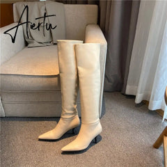Aiertu Meotina Pleated Real Leather High Heel Long Boots Women Shoes Pointed Toe Stiletto Heels Knee-High Boots Autumn Winter Beige 43 Aiertu
