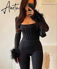 Aiertu Mesh Bright Line Solid Fur Square Neck Zipper See Though Bodysuit Summer Sexy Bodycon Streetwear Casual Wear Y2K Aiertu