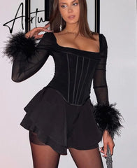 Aiertu Mesh Bright Line Solid Fur Square Neck Zipper See Though Bodysuit Summer Sexy Bodycon Streetwear Casual Wear Y2K Aiertu