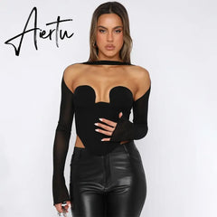 Aiertu Mesh Long Sleeve Patchwork See Through Off Shoulder Corset Out Crop Top Bodycon Sexy Streetwear Elegant Club Y2K Aiertu