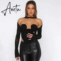 Aiertu Mesh Long Sleeve Patchwork See Through Off Shoulder Corset Out Crop Top Bodycon Sexy Streetwear Elegant Club Y2K Aiertu