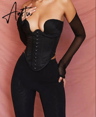 Aiertu Mesh Long Sleeve Patchwork See Through Off Shoulder Corset Out Crop Top Bodycon Sexy Streetwear Elegant Club Y2K Aiertu