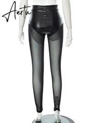 Aiertu Mesh Patchwork See Through High Waist Slim Pants Women Fashion Sexy Streetwear Party Casual Leggings Y2K Aiertu