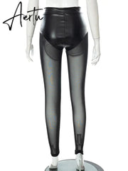 Aiertu Mesh Patchwork See Through High Waist Slim Pants Women Fashion Sexy Streetwear Party Casual Leggings Y2K Aiertu