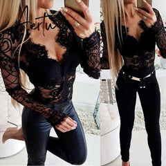 Aiertu Mesh Top Women Sexy See through Lace T Shirt Tops Black Hollow Out Sexy Sheer V Neck Transparent Slim Undershirt Tee Tops Aiertu