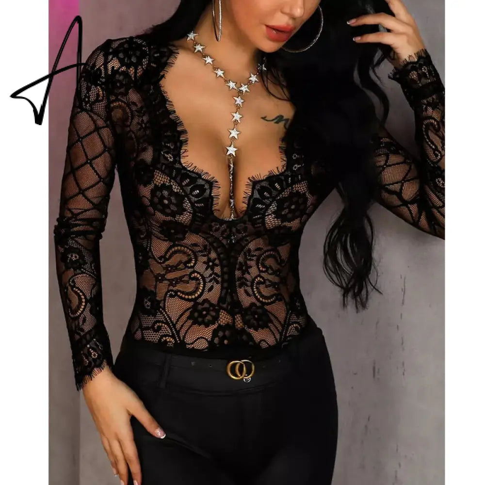 Aiertu Mesh Top Women Sexy See through Lace T Shirt Tops Black Hollow Out Sexy Sheer V Neck Transparent Slim Undershirt Tee Tops Aiertu