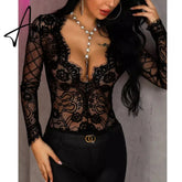 Aiertu Mesh Top Women Sexy See through Lace T Shirt Tops Black Hollow Out Sexy Sheer V Neck Transparent Slim Undershirt Tee Tops Aiertu