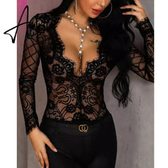 Aiertu Mesh Top Women Sexy See through Lace T Shirt Tops Black Hollow Out Sexy Sheer V Neck Transparent Slim Undershirt Tee Tops Aiertu