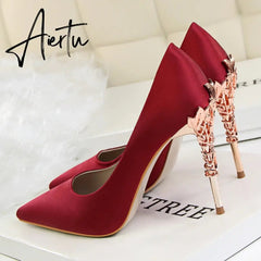 Aiertu Metal Carved Wedding Bridal High Heels Solid Silk Shoes Pointed Toe Shallow Women Pumps Ladies Elegant High Heels 10cm Aiertu