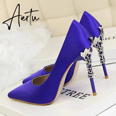 Aiertu Metal Carved Wedding Bridal High Heels Solid Silk Shoes Pointed Toe Shallow Women Pumps Ladies Elegant High Heels 10cm Aiertu