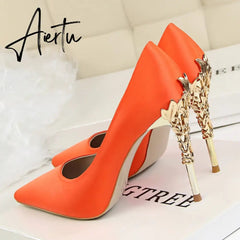 Aiertu Metal Carved Wedding Bridal High Heels Solid Silk Shoes Pointed Toe Shallow Women Pumps Ladies Elegant High Heels 10cm Aiertu