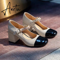 Aiertu Mixed Colors High Heels Pumps For Women Metal Buckle Genuine Leather Women'S Shoes Working Party Shoes For Women Aiertu