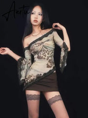 Aiertu MO Elegant Lace Patchwork Print Irregular Skew Collar Long Sleeve T-shirt Tops For Woemn Sexy Fashion Club Cropped Tops Aiertu