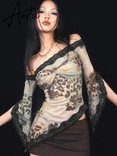 Aiertu MO Elegant Lace Patchwork Print Irregular Skew Collar Long Sleeve T-shirt Tops For Woemn Sexy Fashion Club Cropped Tops Aiertu