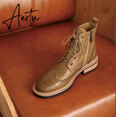 Aiertu Mona flying Womens Genuine Leather Wingtips Boots Ankle Heels Fashion Lace up Booties with Low Heel For women Ladies Aiertu