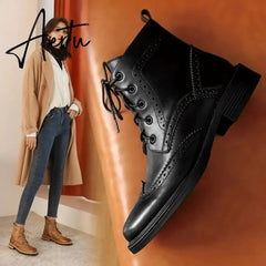Aiertu Mona flying Womens Genuine Leather Wingtips Boots Ankle Heels Fashion Lace up Booties with Low Heel For women Ladies Aiertu