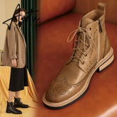 Aiertu Mona flying Womens Genuine Leather Wingtips Boots Ankle Heels Fashion Lace up Booties with Low Heel For women Ladies Aiertu