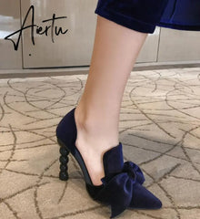 Aiertu Navy Blue Brand Designer Women Shoes Pearl High Heel Pointed Toe Velvet Bow 9 cm Stiletto Party Shoes Pumps 34-43 Aiertu