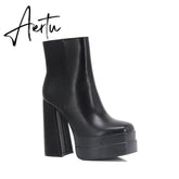 Aiertu New Ankle Boots Women Quality Platform Boots Female Fashion Short Boot Black Chunky High Heel Women Shoes Big Size 41 Aiertu