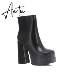 Aiertu New Ankle Boots Women Quality Platform Boots Female Fashion Short Boot Black Chunky High Heel Women Shoes Big Size 41 Aiertu