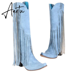 Aiertu New Arrival Cowboy Western Long knee-high Boots Women Stacked Heeled Fringe Retro Casual Ridding Boots Autumn Shoes Aiertu