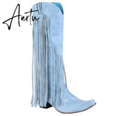 Aiertu New Arrival Cowboy Western Long knee-high Boots Women Stacked Heeled Fringe Retro Casual Ridding Boots Autumn Shoes Aiertu